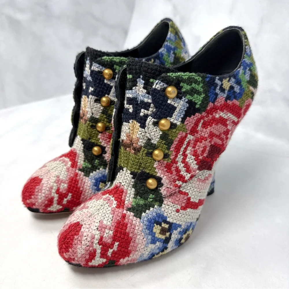 Dolce & Gabbana Vintage Y2K Floral Tapestry Crochet Ankle Bootie Boots Retro 39